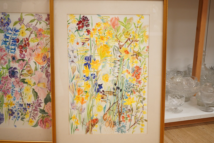 Elizabeth Jane Lloyd (1928-1995), Two watercolours from the garden calendar, comprising March and April, exhibited at Royal Botanic Gardens, Kew 1991 with paperwork, each 53 x 36cm